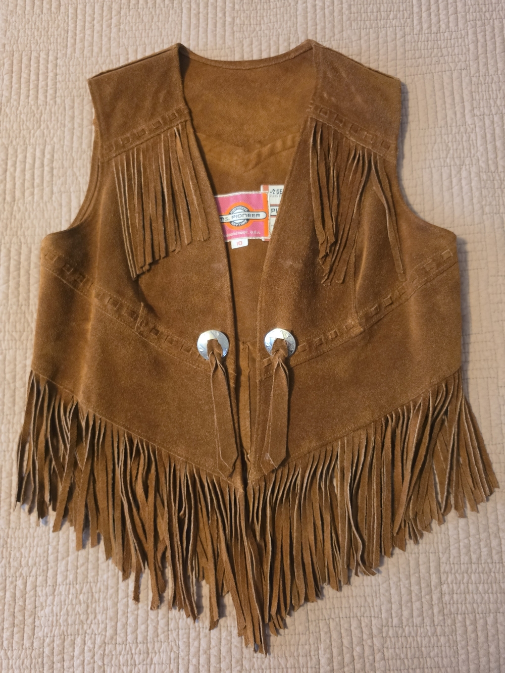 Vintage Ms. Pioneer Genuine Leather Suede Fringe Vest - Brown